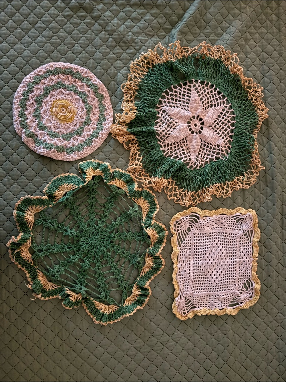 Set of 4 Crochet Thread Doilies Floral, Green White Beige, Round & Square